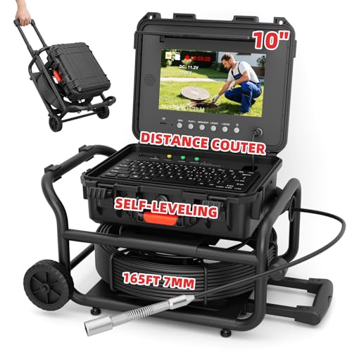 Sanyipace Self-Leveling Sewer Camera 165FT/50M with Wheels and Retractable Handle, Drain Camera with 512Hz Probe, Meter Counter, Video & Audio Record Speaker, Keyboard Input, 5X Zoom, 10" HD Screen