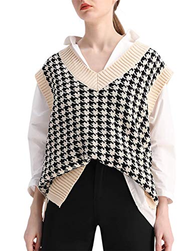 Oversized Houndstooth Knitted Vest Sweater Vintage V Neck Loose Sleeveless Sweater (Beige, Medium)