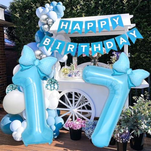 Image of Light Blue 7 Balloon Number Blue Birthday Decorations for Girls, Blue Bow Balloon Foil Mylar Large 40 inch 7 Balloon for Girls Bows Butterfly Coquette 7th Birthday Party Decorations Supplies