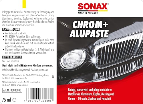 SONAX Chrom+AluPaste (75 ml) poliermittelhaltige Pflegepaste zur Beseitigung von Korrosion, angelaufenen und blinden Stellen | Art-Nr. 03080000