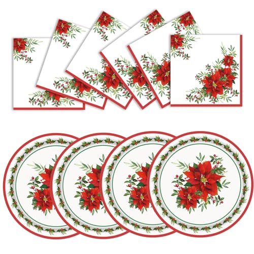 WRXVVTSV 50PCS Christmas Poinsettia Party Supplies – 25 Red & Green Holiday 9 Inch Plates Napkins – Disposable Xmas Dinnerware for Christmas Party, Holiday Gathering, Winter Celebration