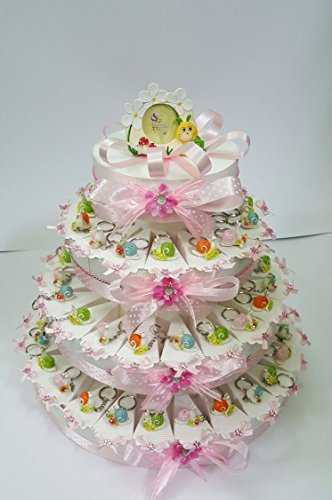 TORTA BOMBONIERE LUMACHINE A PORTACHIAVE CON STRASS COLORI ASSORTITI COMPLEANNO, NASCITA, BATTESIMO COMUNIONE CRESIMA COMPLETA DI BIGLIETTINO (20 FETTE)