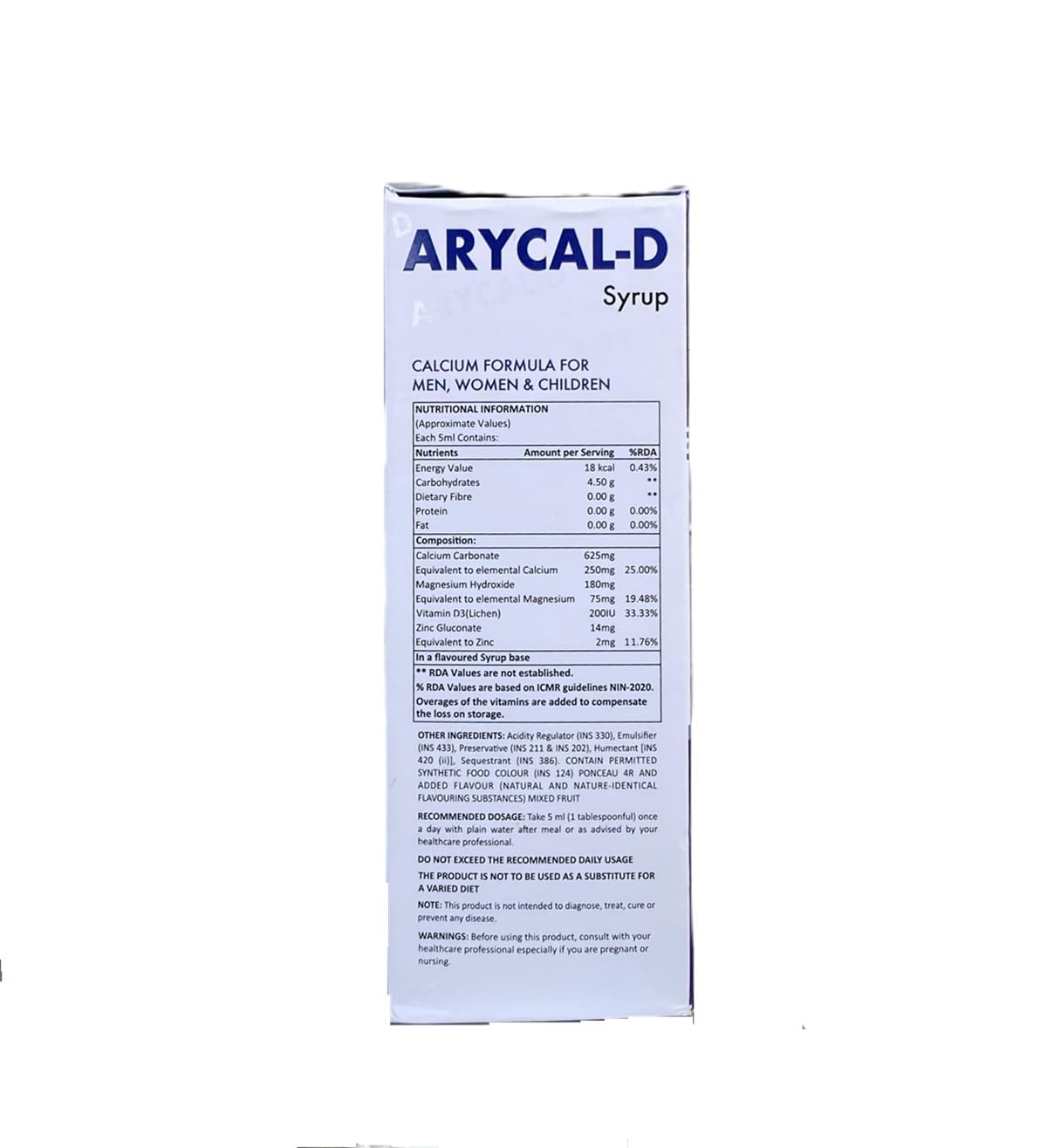 ARYUSA ARYCAL-D Syrup with Calcium, Magnesium, Zinc & Vitamin D3, Sugar-Free, Bone Health, 200 ml (Pack of 2) 3