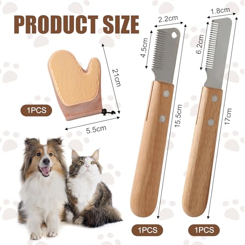 Trimmmesser Set für Hunde & Katzen, 2-Teiliger Satz Trimmmesser für Hunde mit Holzgriff + Tierhaarentferner Handschuh, Messer Hundekamm Trimmkamm Feiner & Grober Kamm Werkzeug für Haustierpflege