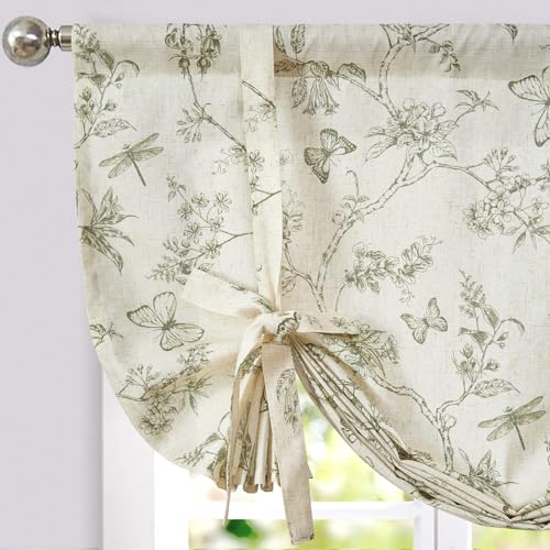jinchan Linen Floral Valance Tie up Curtains for Small Windows 45 Inch Farmhouse Kitchen Cafe Curtains Rod Pocket Country Tropical Flower for Laundry Bathroom Rod Pocket 1 Panel Sage Green