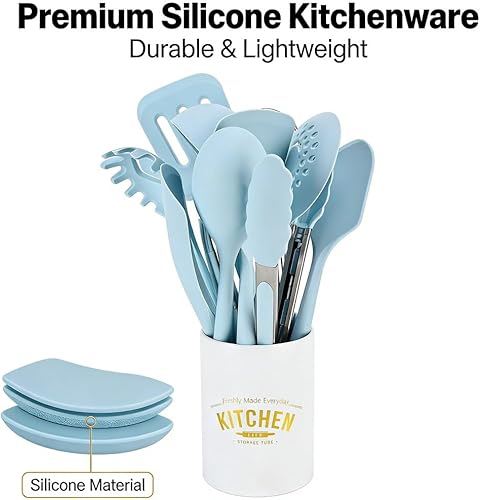 Miniatura 2 de Silicone Kitchenware Cooking Utensils Set, 12PCS, Blue - Heat Spatula Tools, 360 Rotating Dispenser, Modern Kitchen Gadget