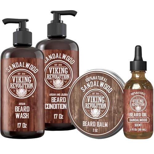 Viking Revolution Sandalwood Beard Wash and Beard Conditioner for Men (17 Oz each), Sandalwood Beard Balm (2 Oz) and Beard Oil (1 Fl Oz) - Beard Care Softener and Strengthener
