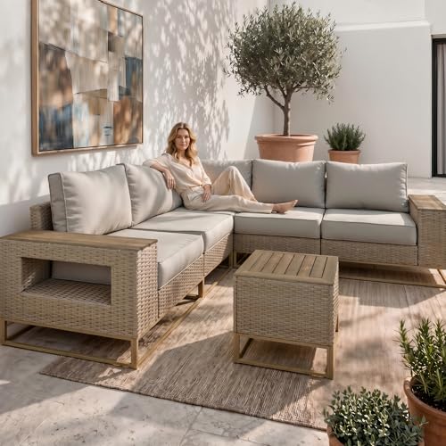 Sweecci 6-Piece Outdoor Patio Furniture Set, Modern PE Wicker Outdoor Sectional Sofa with Storage Armrests & 5.5" Thick Cushions, L-Shaped Couch for Deck, Porch, Backyard, Linen Greige
