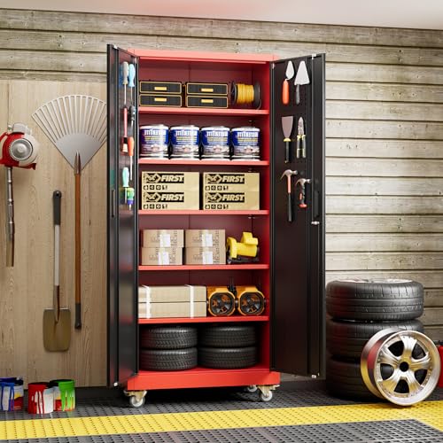 Image of Aobabo Upgrade 71H''*34''W*18''D Metal Garage Storage Cabinet with Wheels and Pegboards, 5 Adjustable Shelves Steel Storage Cabinets for Home,Warehouse,Garage,Assembly Required,Black Red
