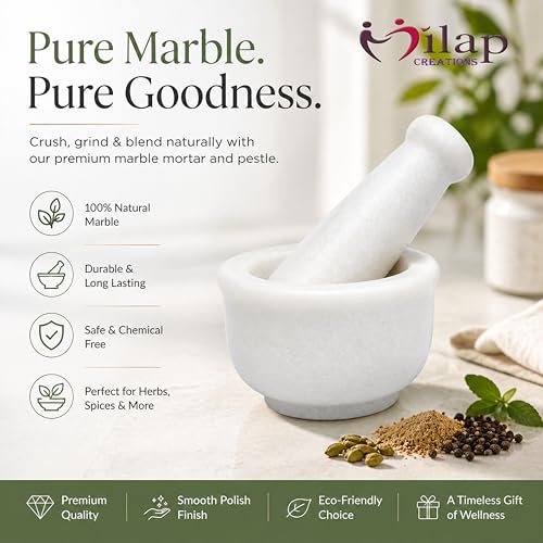 Image of White Marble Mortar and Pestle Set Stone 4 Inch, Khalbatta, Kharal, Okhli, Musal Kitchen Tool for Crushing Grinding Ingredients