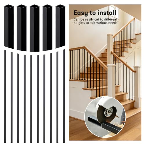 Square Metal Stair Balusters 1/2" Hollow Wrought Iron Spindles for Indoor Staircase & Deck Railing 44" Long Plain Railing Pickets, Satin Black Powder Coated (50 pcs, 44") by Gelazurem - Used condition - Image 7