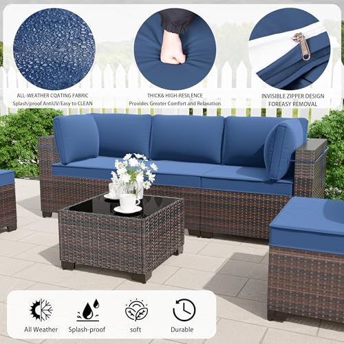 Image of 9 Pieces Outdoor Sectional Furniture All Weather PE Rattan Wicker Patio Conversation Set with Coffee Table and 8 Thickened Cushions,Navy Blue