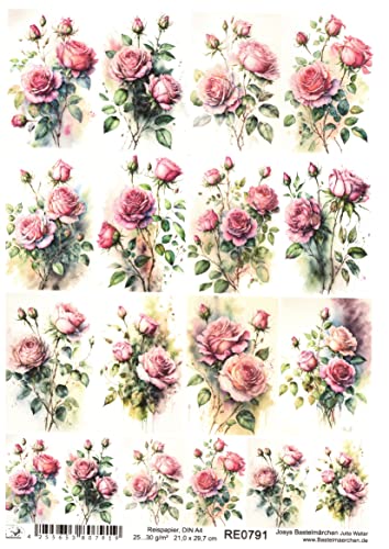 Josys Bastelmärchen Reispapier A4 Strohseide Decoupage Serviertentechnik rosa Rosen Vintage RE0791