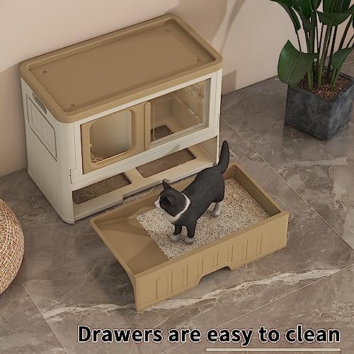 Nafenai 3-Tier Foldable Cat Litter Boxes with lids and Wheels,Drawer Type Enclosed Tray Kitty Litter Box Easy Clean,Collapsible Cat Bed House Indoor,Stackable Cat Canned Storage Bins(Khaki)