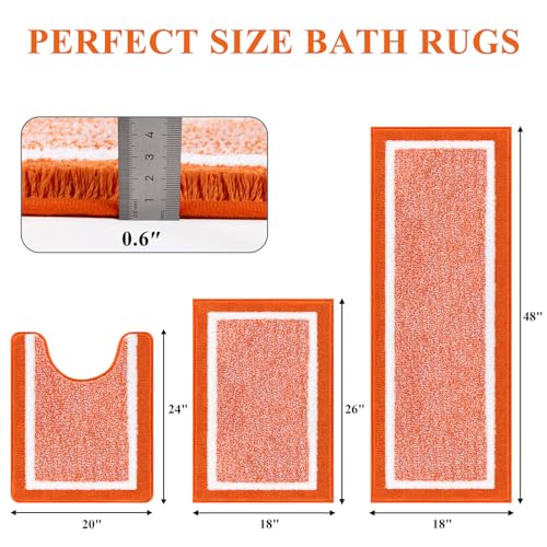 Pauwer Bathroom Rugs Sets 3 Piece Bathroom Shower Rugs with U-Shaped Contour Toilet Mat Absorbent Microfiber Plush Bath Mats Non Slip Bath Rugs Machine Washable Shaggy Bath Floor Mats, Orange
