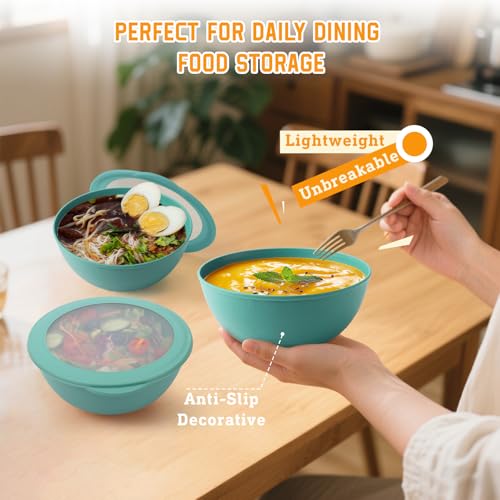 Homienly Bowls with Lids, Wheat Straw Bowl Set of 4-40 OZ Cereal Bowls and Silicone Edge Lids,Unbreakable Food Containers for Meal Prep, Salad, Lunch, Kitchen, Camping, Picnic, RV (4 Sets,Green) — view 6