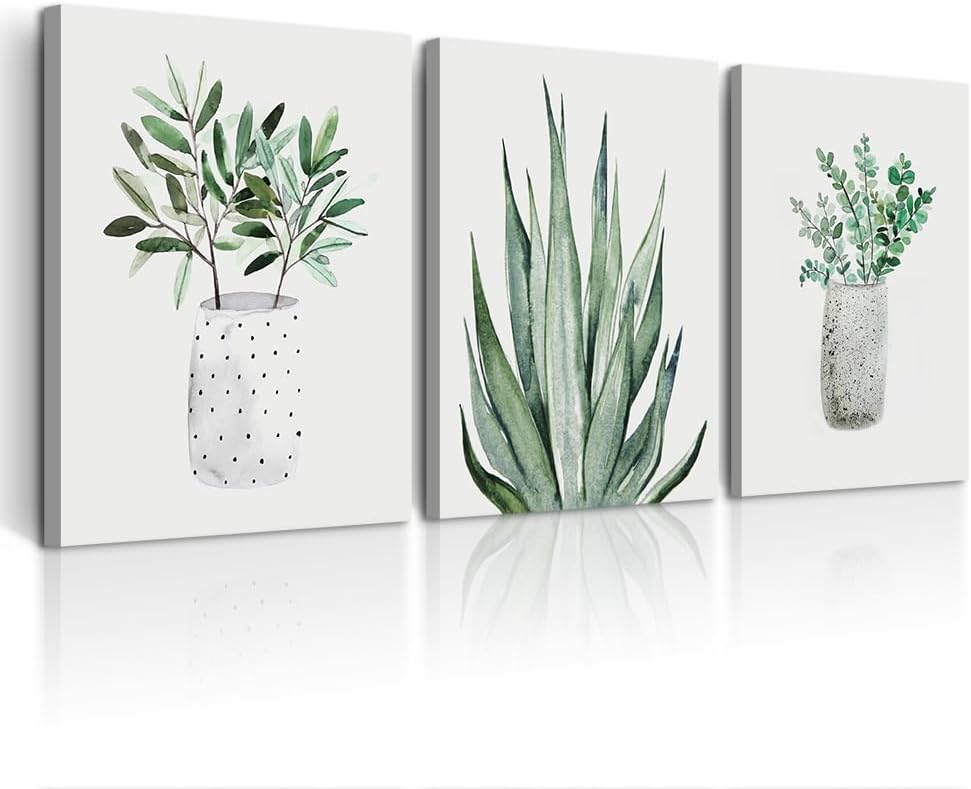 DZRWUBHS Large Canvas Wall Art For Living Room Farmhouse Wall Decor For Kitchen Dining Room Bedroom Decoration Vase Pictures Green Leaf Wall Painting Artwork Home Decor 3 Piece Framed Prints Art