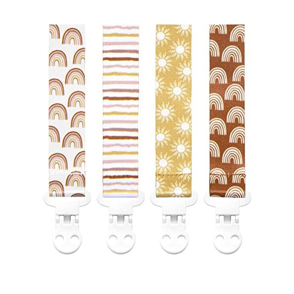 Stadela Baby Pacifier Clip Leash Soothie Teething Ring and Teether Toy Holder Unisex for Boy or Girl 4 Pack Baby Shower Birthday Gift Set Rainbow Sun (Boho Baby)
