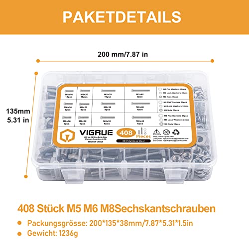 VIGRUE 408 Stück M5 M6 M8 Sechskantschrauben Edelstahl A2 Schrauben Set mit Muttern Unterlegscheiben DIN933 Bolzen Vollgewindeschrauben Maschinenschrauben Gewindeschrauben zur Reparatur