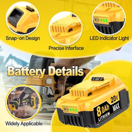 Image of 8.0Ah Replacement Battery for Dewalt 20V Max Battery, 6-Pack | Compatible with Dewalt Batteries DCB201 DCB203,Replacement for Dewalt 20V Battery, 8000mAh Li-ion, with LED Light