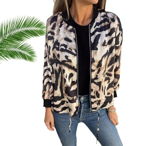 Women's Fall Zebra Print Zipper Bomber Jacket, Spring Long Sleeve Jackets Fashion Round Neck Cheetah Print Coat