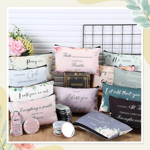 Marsui 36 Pcs Christian Gifts for Women Mother's Day Church, 12 Set Christian Makeup Bags Bible Verse Compact Makeup Mirrors Lipstick Lip Balm Holder Bulk Bible Study Supplies Religious Baptism Gifts2