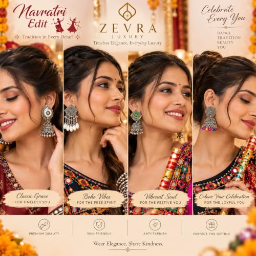 Image of Oxidised Desi-Vibes-jumka Earrings Combo Set for Women & Girls | 12 Pairs Traditional Boho Ethnic Earrings | Multicolour Beads & Pearl Drop Earrings | Indian Jewellery for Festive, Navratri & Ethnic Wear