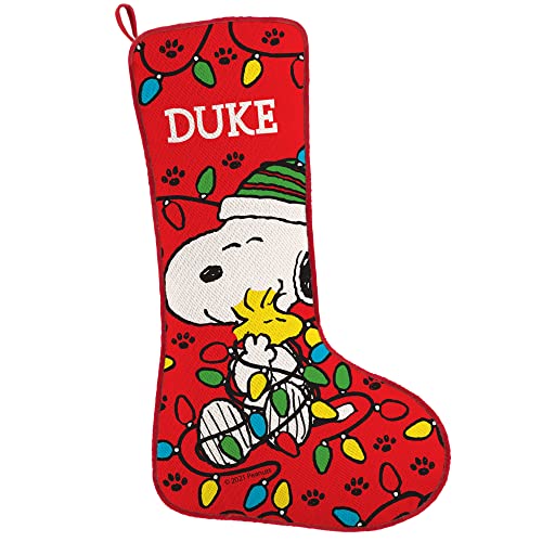 Let's Make Memories Personalized Christmas Stockings - Holiday Decor - Peanuts Snoopy Lots of Lights - Red