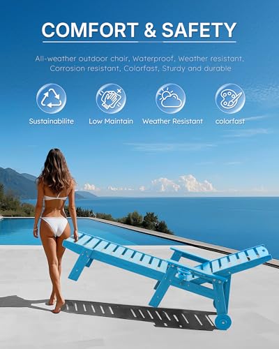 Image of Patio Chaise Lounge Chair Outdoor with Wheels, Oversize Patio Lounge Chairs with Wood Texture, HDPE 6-Position Plastic Lounge Chairs for Poolside, Patio, Deck, Beach，Blue