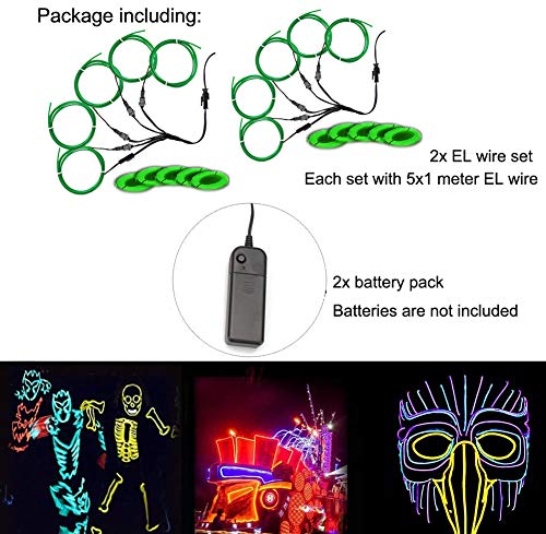 Image of MaxLax EL Wire, Portable Neon Lights EL Wire 5 in 1 Meter, Electroluminescent Wire for Halloween Decoration, Christmas Party, Blacklight Run,DIY Decoration (Green, 2Pack 5 in1M)