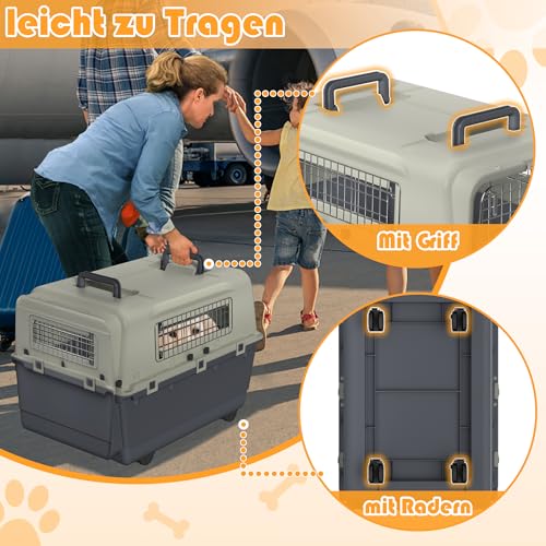 FIVMEN Hundebox Transportbox Hund 80x57x70 cm Hundetransportbox mit Rollen und Eisen Fenstern Türen Tiertransportbox Flugzeugbox für Hunde Flugzeug Auto Reise & Transport