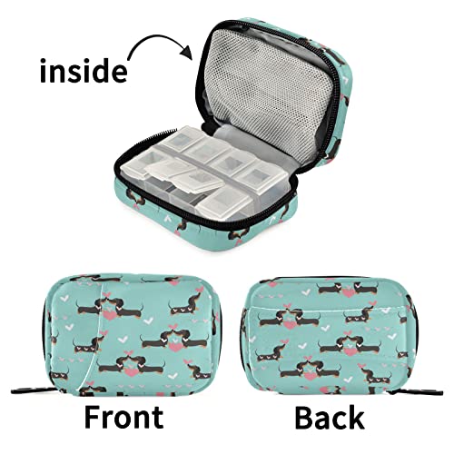 Naanle Valentines Dachshund Dog Pill Box 7 Day Pill Case Bag Travel Pill Organizer Bag With Zipper Portable Weekly Case Compact Size Pill Bag For Vitamin Supplement Holder #TOP6