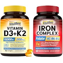 Vitalibre Iron Complex Supplement 60 Capsules & Vitamin D3 K2 Supplement 10000 IU 90 Softgels