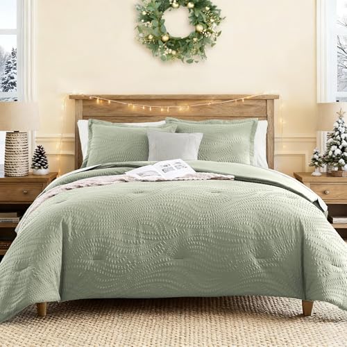 Geniospin King Comforter Set - 7 Pieces Textured Sage Green