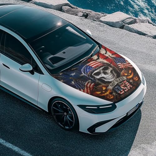 Image of Car Hood Cover Protector Waterproof Auto Hood Wrap Blankets Halloween Decorations Auto Patriotic Decorative Accessories for Sedans SUVs Pickup Trucks (American Flag Skull Design)