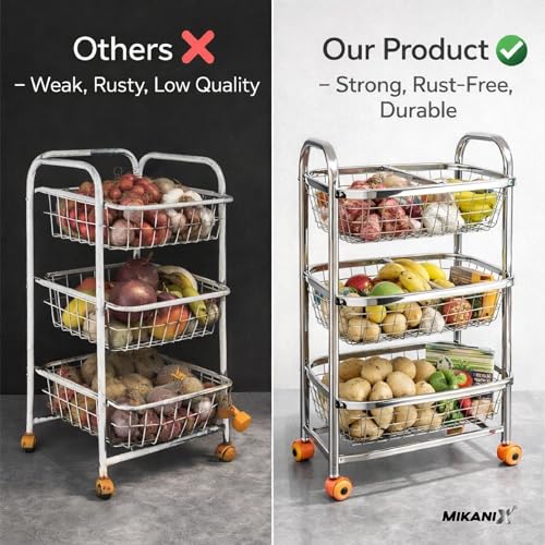 Image of MIKANIX Stainless Steel Vegetable & Fruit Storage Rack with Wheels, Kitchen Storage Basket Organizer, Rust Proof Stand for Onion, Potato, Fruits & Vegetables Trolley (3 Rack & 6 PARTITION)