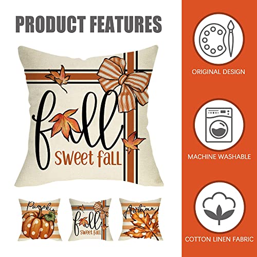 Fahrendom Happy Fall Y'all Pumpkin Decorative Throw Pillow Covers 18 x 18 Set of 4, Autumn Polka Dots Maple Leaf Porch Patio Outdoor Pillowcase, Farmhouse Thanksgiving Stripes Cushion Case Home Decor by Fahrendom - Image 3