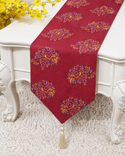Image of COZY FURNISH Floral Printed Microfiber Cotton Table Runner for 6 Seater Dining Table & Runner with Tassels - 13x72 Inches Decorative Home Kitchen Table Linen