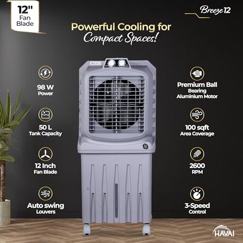 Image of HAVAI Breeze-12 Personal Air Cooler | 50L Tank | 12″ Blade | Ideal for 100 sq ft Rooms | 98W Power | 8 ft Air Throw | 2600 RPM | Auto-Louver | 3-Speed | 1-Year On-Site Warranty (Grey)
