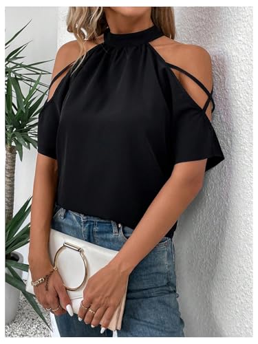 SweatyRocks Women's Cold Shoulder Criss Cross Mock Neck Short Sleeve Blouse Shirts4
