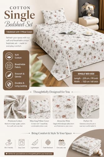 Image of IVAZA 220 TC Soft Ezyption Cotton Floral Single Bed Sheet - Single bedsheet with 1 Pillow Cover Hypoallergenic, Brethable, (Size- 90 x 60 Inch Grey Flower
