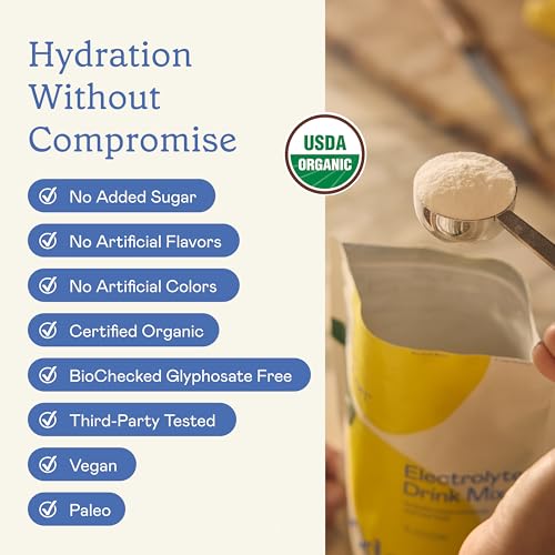 Image of GoodOnya Organic Hydration Electrolyte Drink Mix, Certified Organic Hydration Powder, Non-GMO, Biochecked Glyphosate Free, Low Sugar, Lemonade Flavor, No Artificial Flavors, 42 Servings