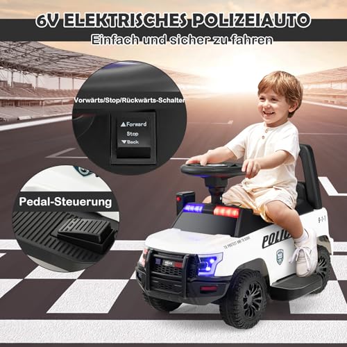 DREAMADE 6V Kinder Elektroauto, Elektrofahrzeug mit Sirene & LED Lichtern & Musik & Hupe, Batteriebetriebenes Kinderfahrzeug, für Kinder ab 18 Monate (Weiß) – Bild 7