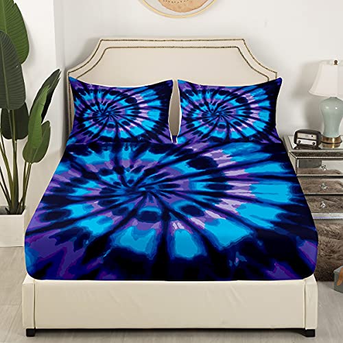 Erosebridal Purple Tie Dye Fitted Sheet, Blue Spiral Tie Dye Sheet Set, Hippie Bed Sheets, Boho Bohemian Gypsy Hippie Bed Cover, Abstract Printed 1 Fitted Sheet,1 Flat Sheet,2 Pillowcases, Queen Size #TOP1