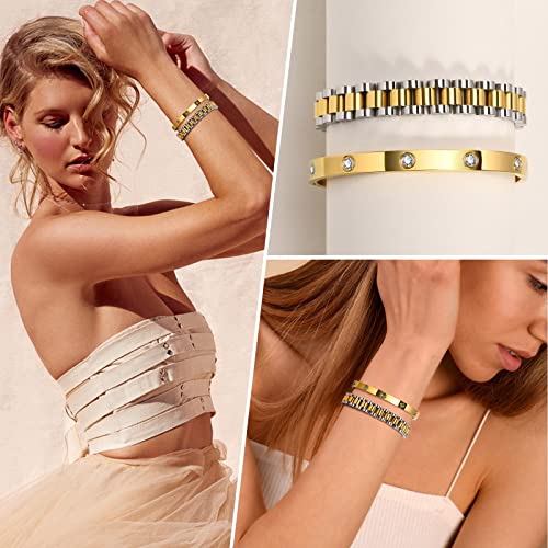 Mprainbow 2Pcs Gold Chain Link Bracelet - Stainless Steel Love Cubic Zirconia Crystal Friendship Bracelet Bangle,Watch Band Chain Wristband Jewelry With Adjust Tool #TOP4