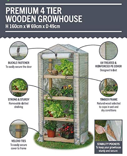 Gardman Premium 4-Wooden-Tier Greenhouse R08898 With Reinforced Polyethylene Cover. Dimensions: 19" X 24" X 63" Inches (Lxwxh), Green #TOP2