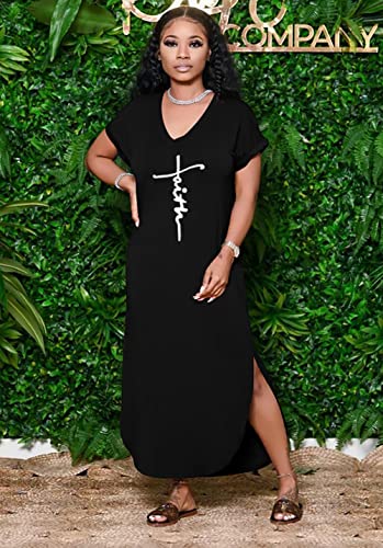 Women's Summer Casual Short Sleeve V Neck Tshirt Long Dress Loose Side Split Beach Maxi Dresses with Pocket2