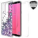 Samsung Galaxy J8 2018 Case with Tempered Glass Screen Protector, Rosebono Quicksand Glitter Sparkly Bling Liquid Shiny Clear Soft TPU Bumper Protective Cover for Samsung J8 (Purple)