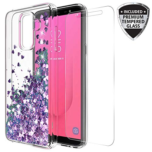Samsung Galaxy J8 2018 Case with Tempered Glass Screen Protector, Rosebono Quicksand Glitter Sparkly Bling Liquid Shiny Clear Soft TPU Bumper Protective Cover for Samsung J8 (Purple)