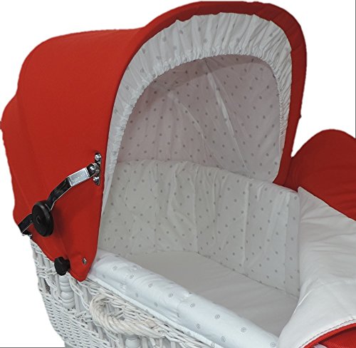 EICHHORN Weidenkorb Kinderwagen, Korb Weiß, Stoff Rot - große Liegefläche, weich gefedert, inklusive Matratze und Regenschutzbezug